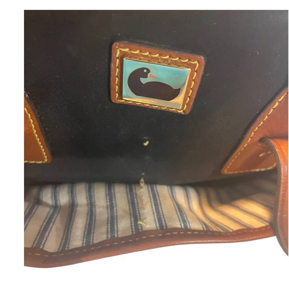 Dooney & Bourke Camden Saffiano Black Nylon Satchel w Brown Leather Trim